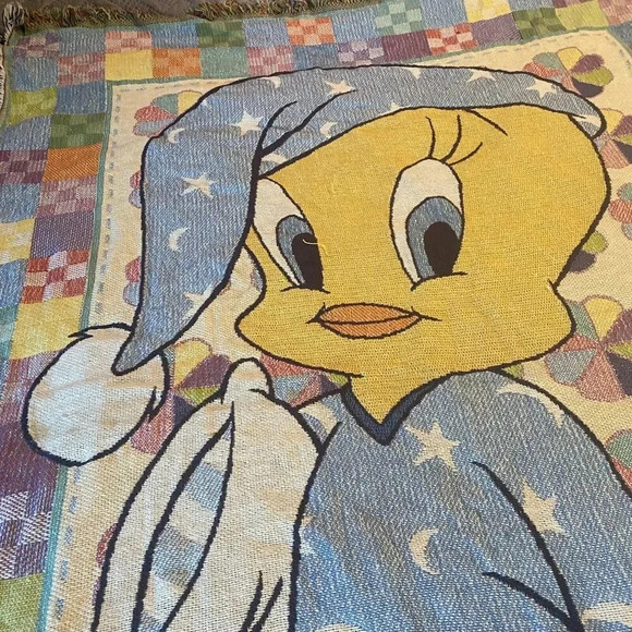VTG 90s Baby Toddler Looney Tunes Cotton Blanket Sylvester Tweety Bird Blue Cozy - Picture 7 of 11